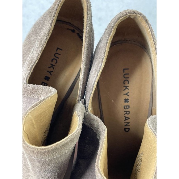 Lucky Brand Laretah Taupe Suede Leather Open Toe High‎ Heel Ankle Boots Size 9.5 - Picture 5 of 13